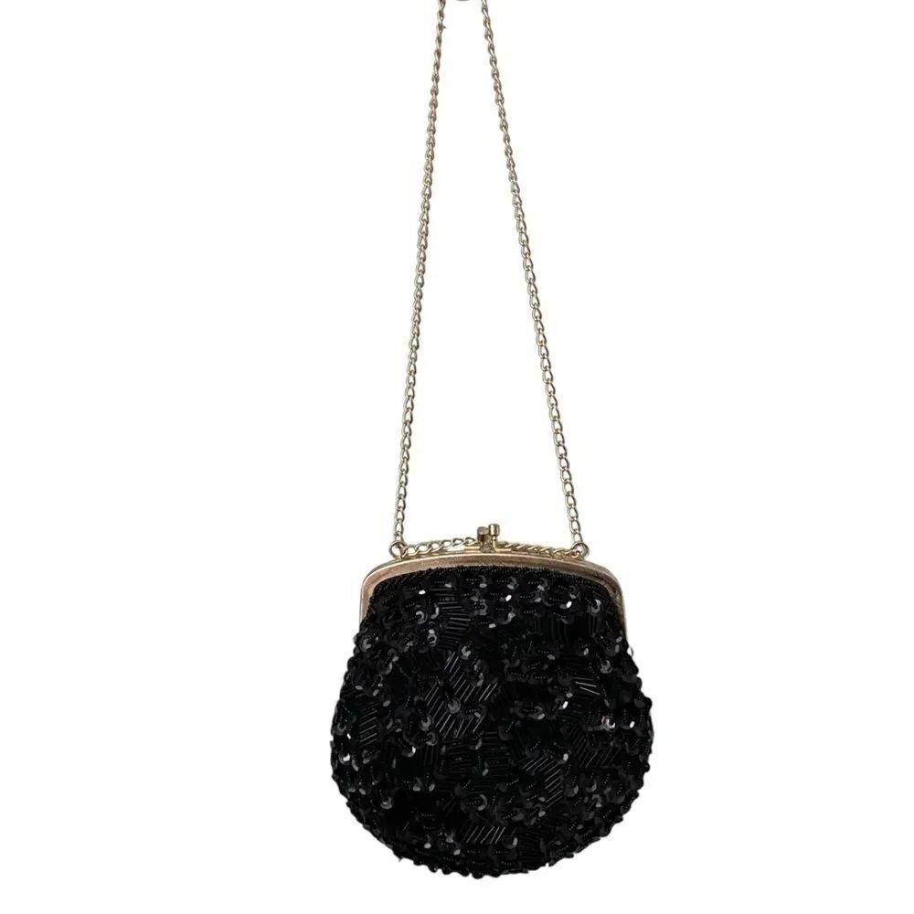 Vintage Elegant Black Beaded with Gold Vintage Tone Strap Hand Made in Hong Kong